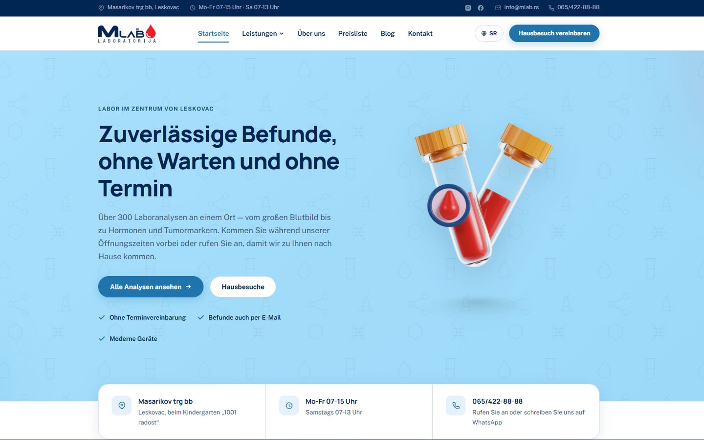Screenshot der Webseite mlab.rs – Startseite eines diagnostischen Labors in Leskovac