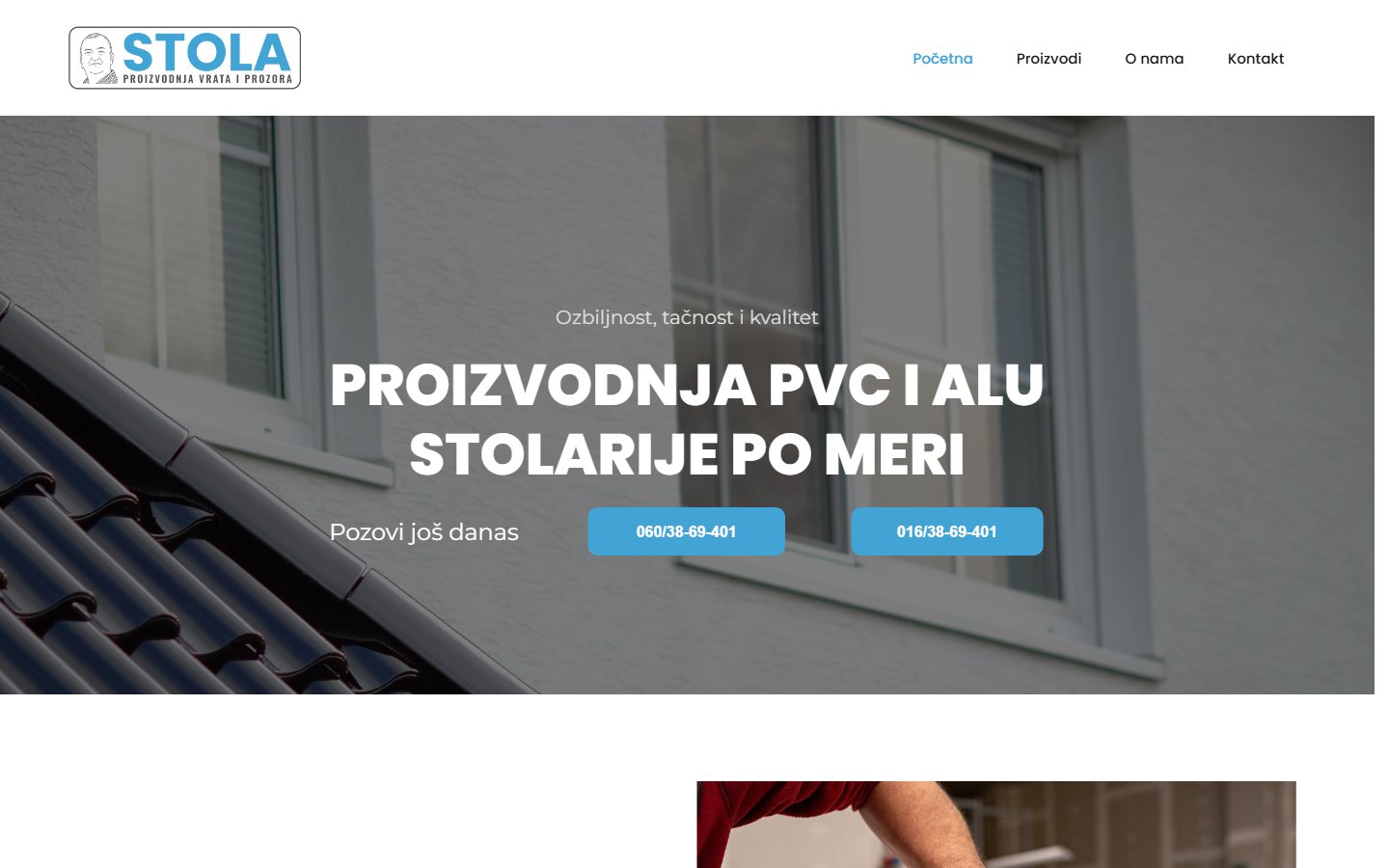 Screenshot der Webseite stola.rs – Startseite eines Herstellers für Fenster, Türen und Rollläden